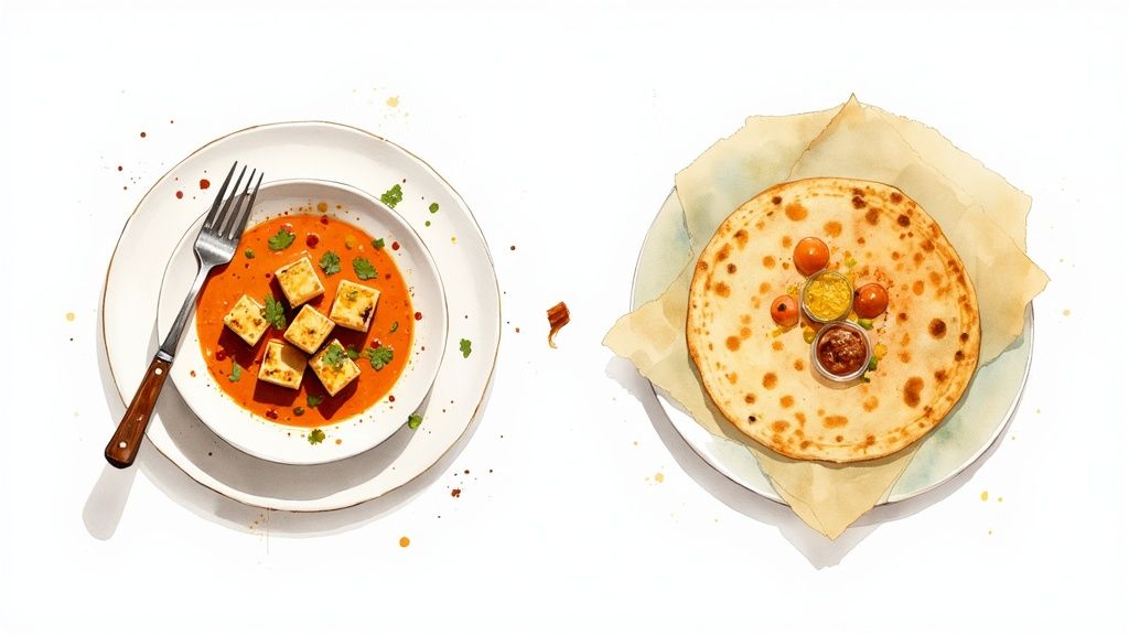 A variety of colourful Indian dishes laid out on a table