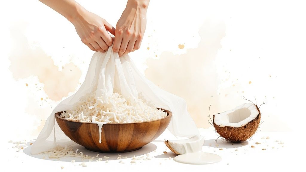Hands squeezing shredded coconut in a white cloth to extract fresh coconut milk into a wooden bowl.