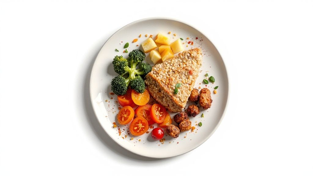 A healthy meal featuring a grain-based patty, broccoli, sliced tomatoes, and diced fruit on a white plate.