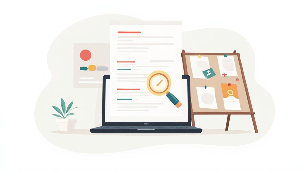 Iemand die zijn/haar professionele cv op een laptop bijwerkt, in een schone en moderne werkomgeving.