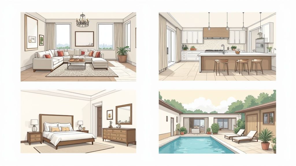 Vier moderne luxe interieurontwerpruimtes met woonkamer, keuken, slaapkamer en buitenzwembad