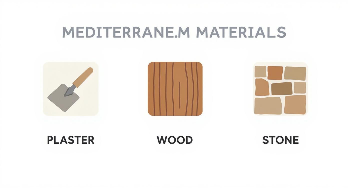 Infographic met de belangrijkste mediterrane materialen: gips, hout en steen, met bijbehorende pictogrammen.