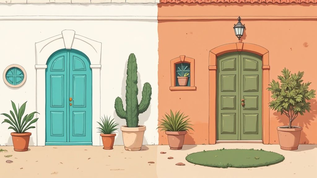 A bright, airy room with whitewashed walls, a vibrant blue door, and terracotta floor tiles, embodying a Spanish coastal colour palette.