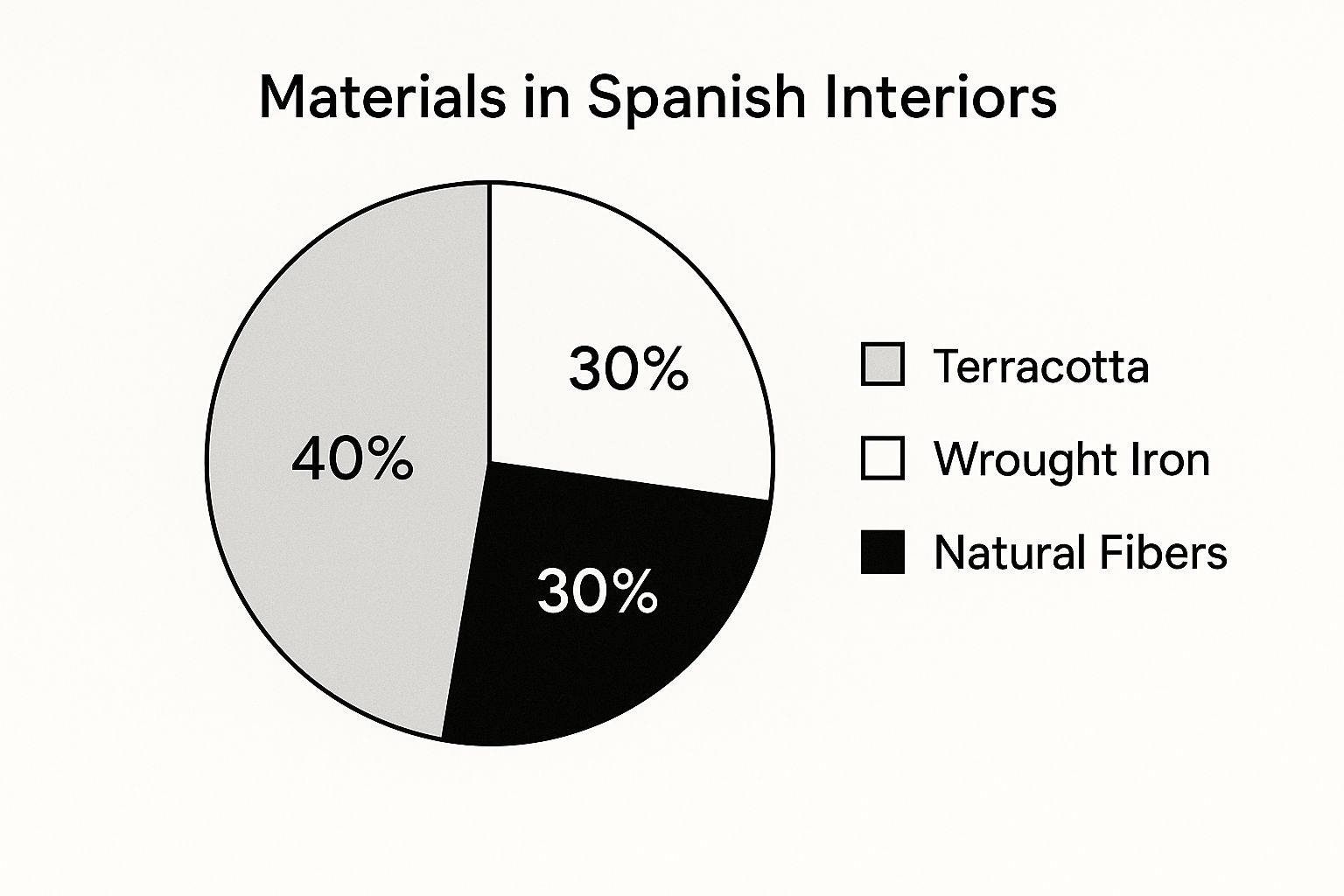 A pie chart showing the ideal proportions of materials in Spanish interiors, with 40% terracotta, 30% wrought iron, and 30% natural fibres.