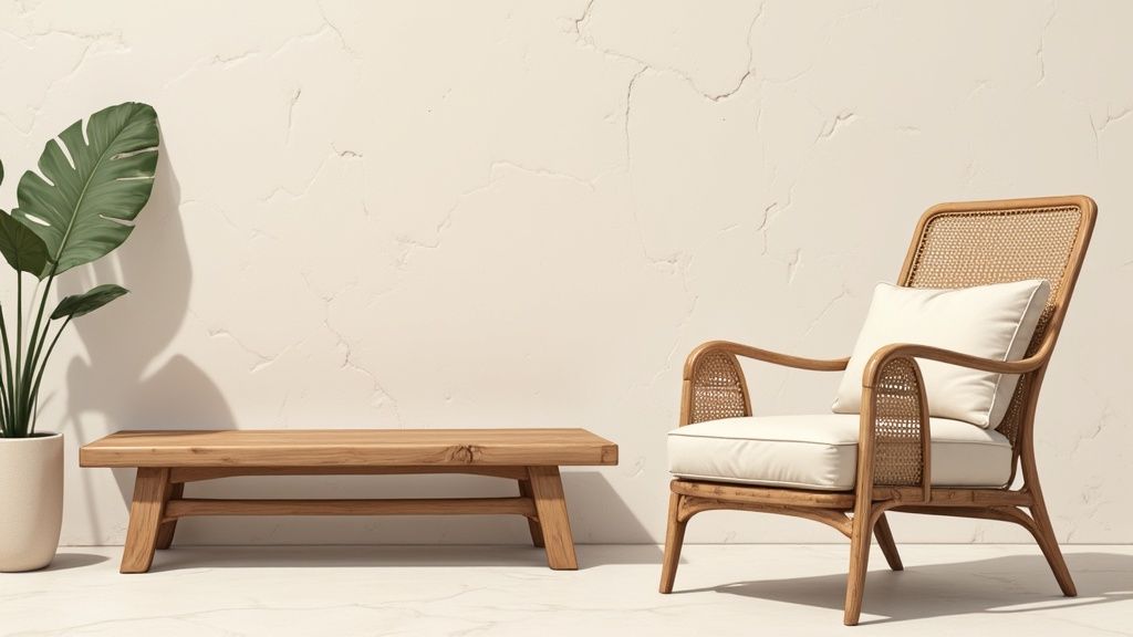 Een woonkamer met zichtbare houten balken aan het plafond, een microcementvloer en rotanmeubels, die de natuurlijke texturen van Ibiza belichamen.