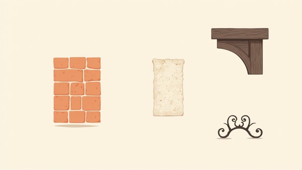 A close-up of a rustic terracotta tiled floor next to a white textured stucco wall and a dark wooden door.