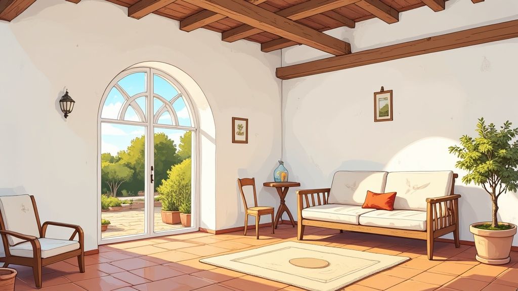 Een lichte woonkamer met een interieurontwerp in Ibiza-stijl met natuurlijk hout, witte muren en een aardse inrichting