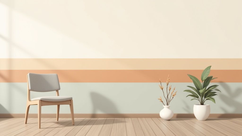 Een minimalistische slaapkamer met witte muren, textiel in aardse tinten en natuurlijk licht, geheel in het kleurenpalet van Ibiza.