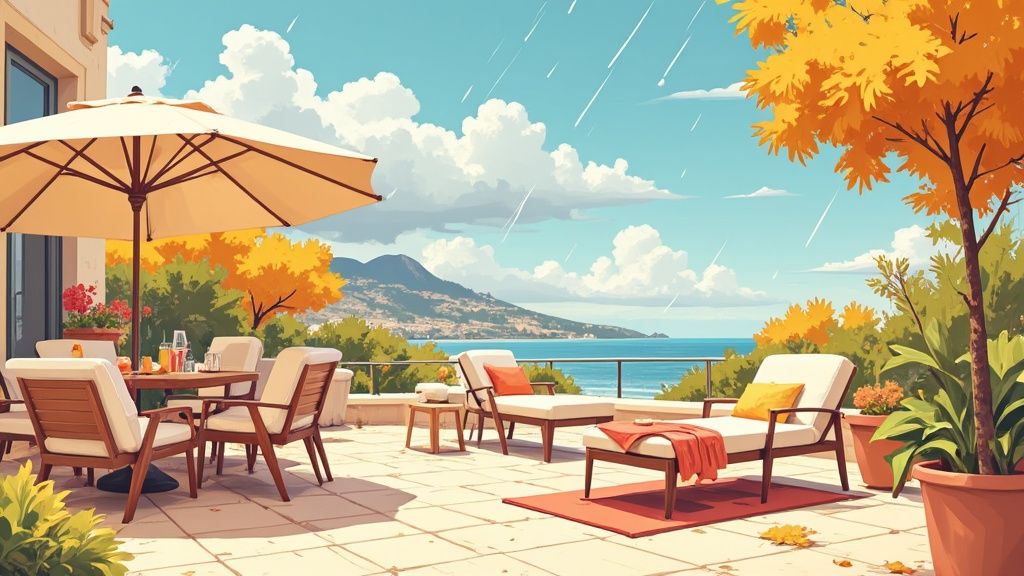 A cosy outdoor sofa on a terrace with warm throws, overlooking a calm sea during autumn in Costa Blanca.