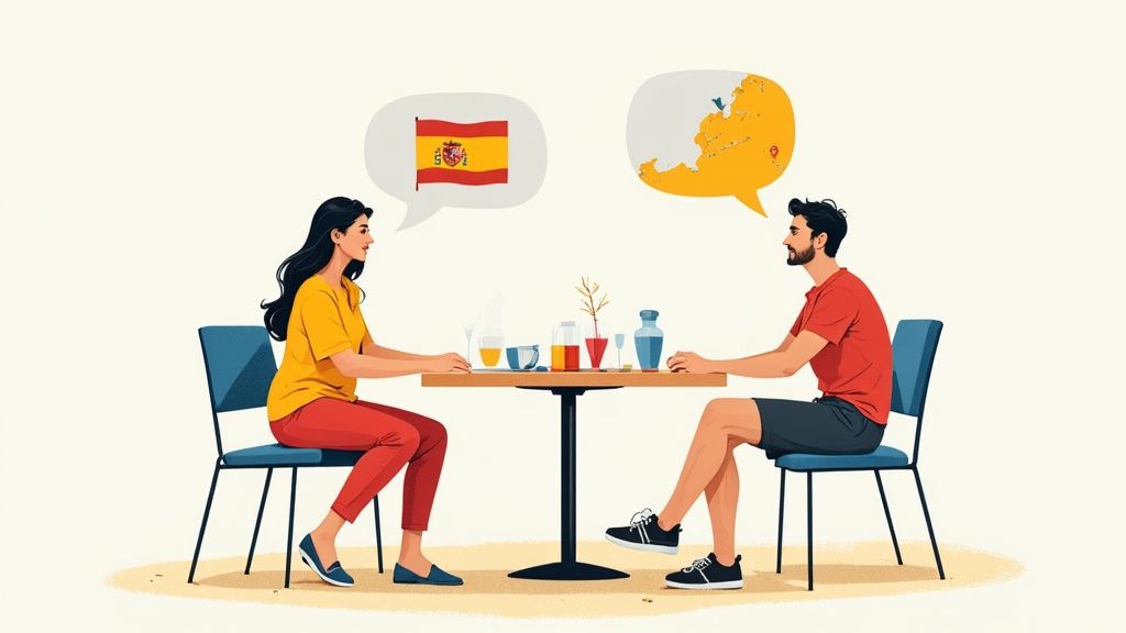 Two people having a friendly chat at a sunny café terrace.