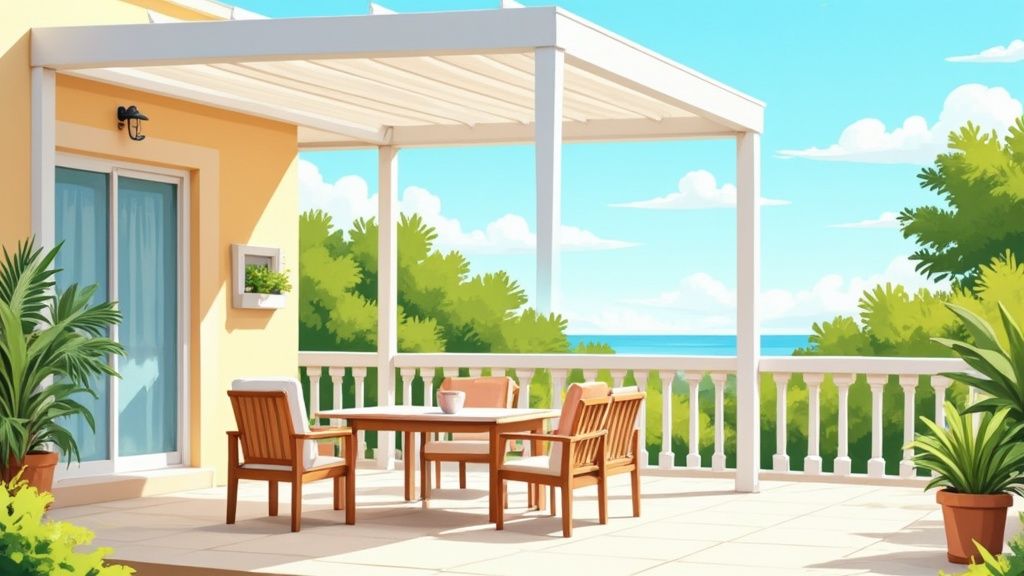 A sunny terrace with stylish outdoor furniture overlooking the sea