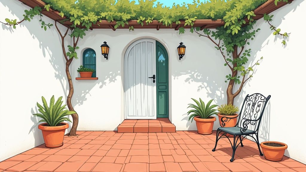 Een lichte en luchtige woonkamer met een mediterrane inrichting, met witte muren, een comfortabele bank en grote ramen die uitkijken op een terras.