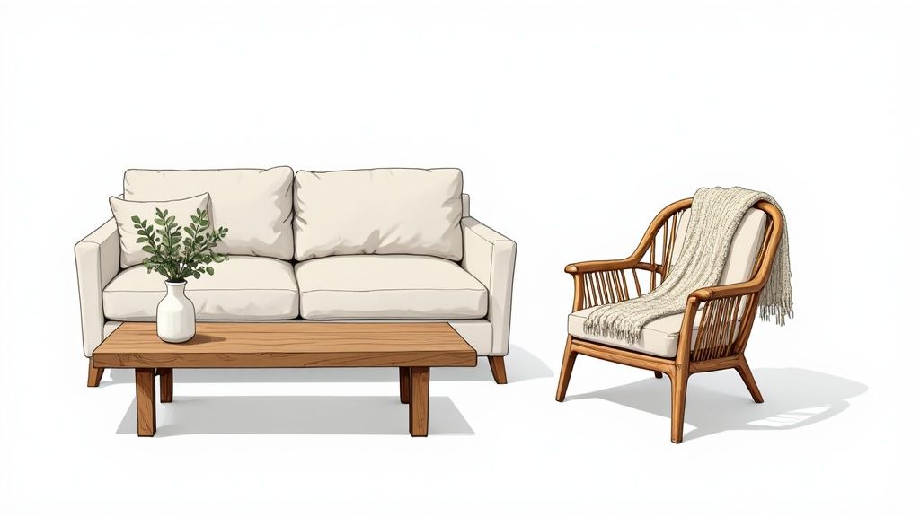 Een ontspannen woonkamer met een bank van natuurlijk linnen en een houten salontafel.
