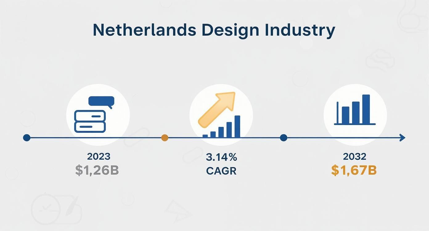 Infographic die de groei van de Nederlandse markt voor interieurontwerp laat zien, met iconen voor de waarde in 2023, CAGR en waarde in 2032.