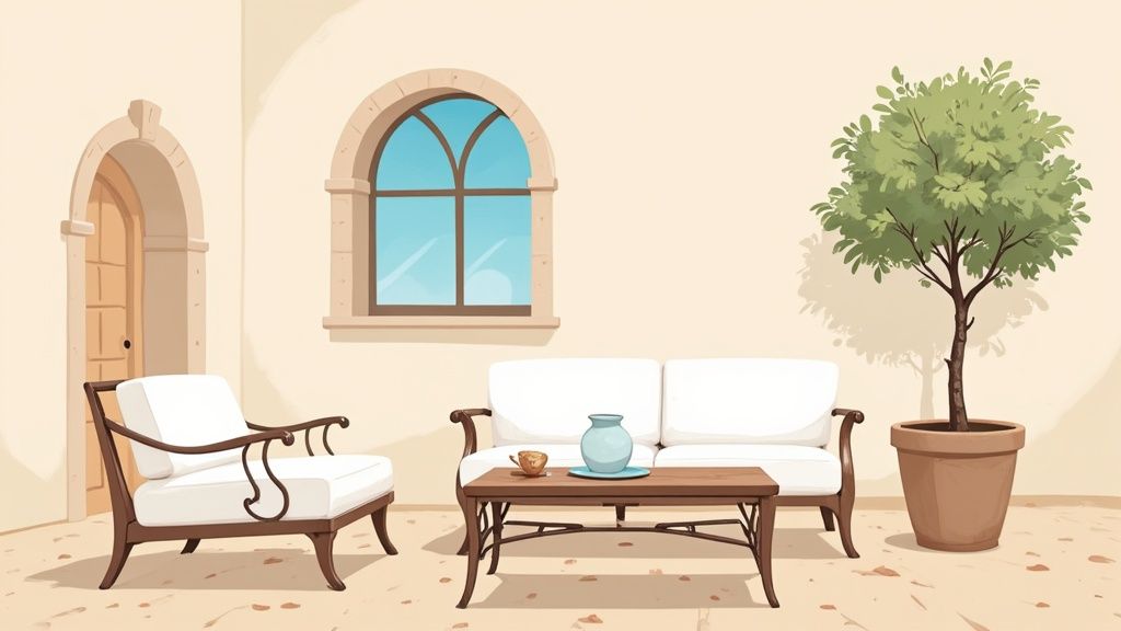 Close-up van een rustieke houten balk tegen een witte muur met structuur in een huis in mediterrane stijl.