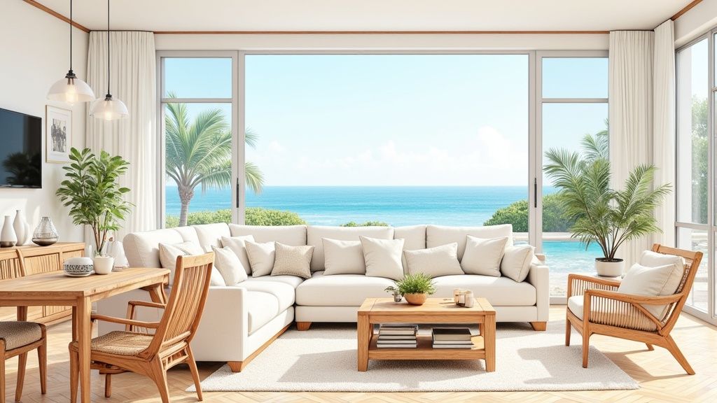 Woonkamer met bank en groot raam in een Costa House Javea