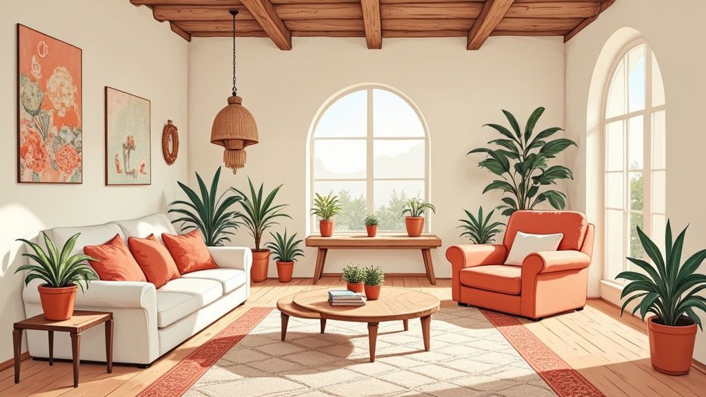 A bright living room decorated with Spanish home accessories, featuring terracotta pots and natural textiles.