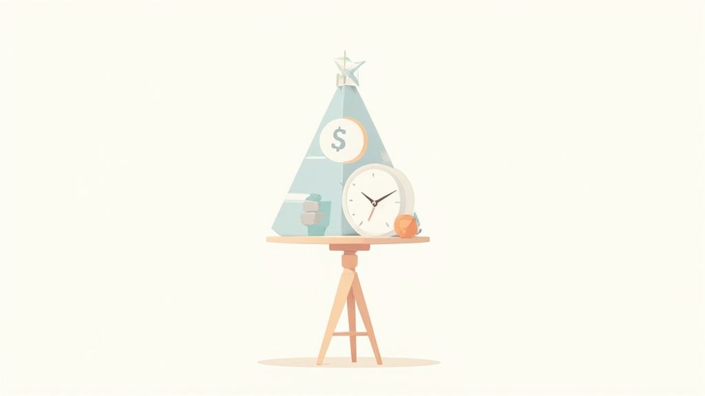 A balanced scale with budget, timeline, and quality on its pans, representing interior design project management.