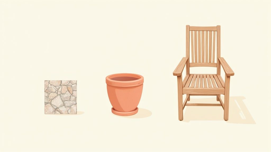 Outdoor terrace furniture made from natural wood and durable fabrics, set against a backdrop of a Mediterranean home.