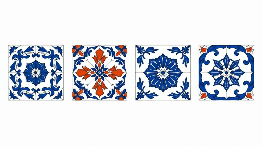 Een prachtige badkamer met ingewikkelde blauw-witte mediterrane tegels op de vloer en in de douche.