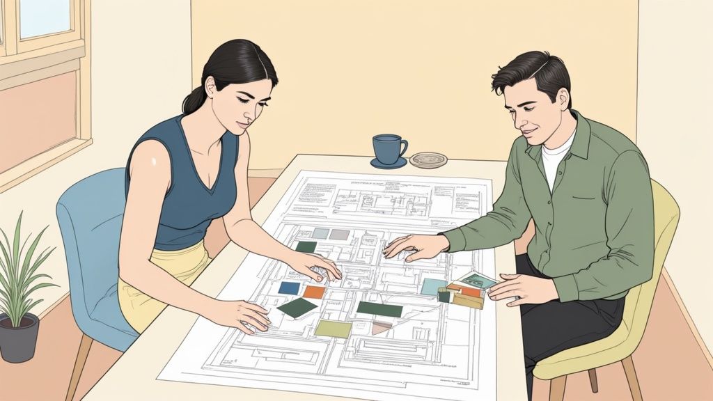 Modern interior design studio with samples and plans