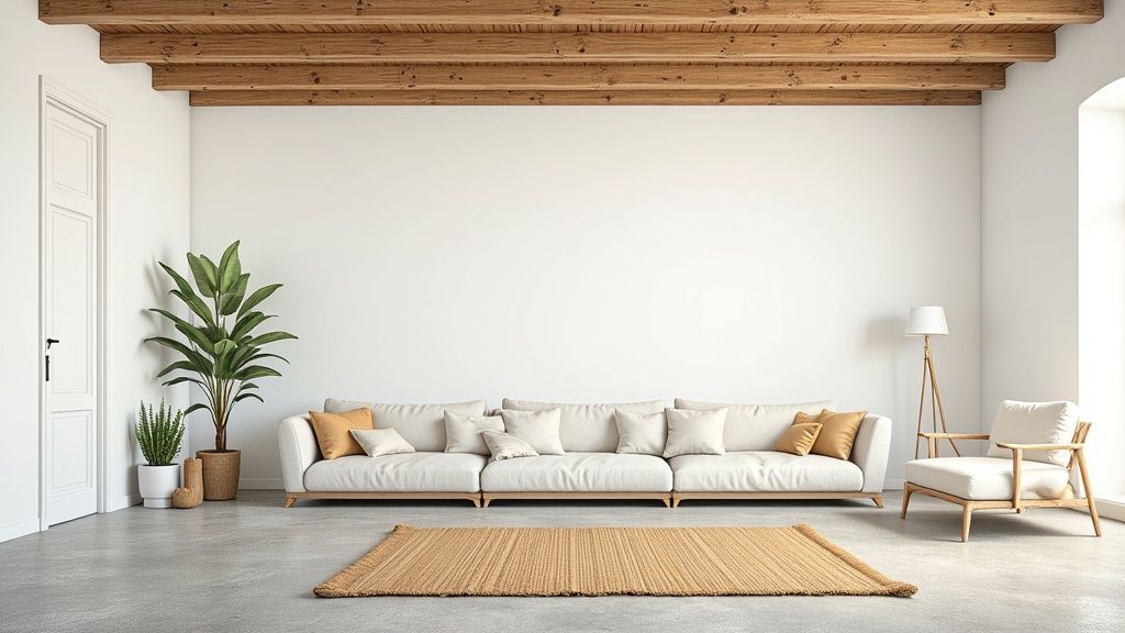 Een rustieke houten balk en natuurlijke texturen in een kamer in Ibiza-stijl