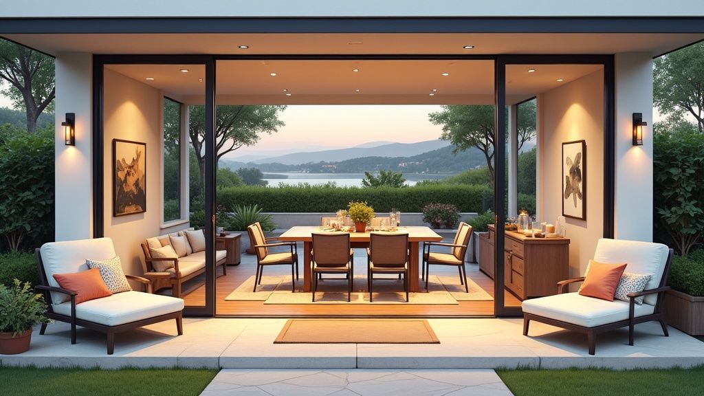 A seamlessly integrated indoor-outdoor living space with large glass doors opening onto a stylish terrace.
