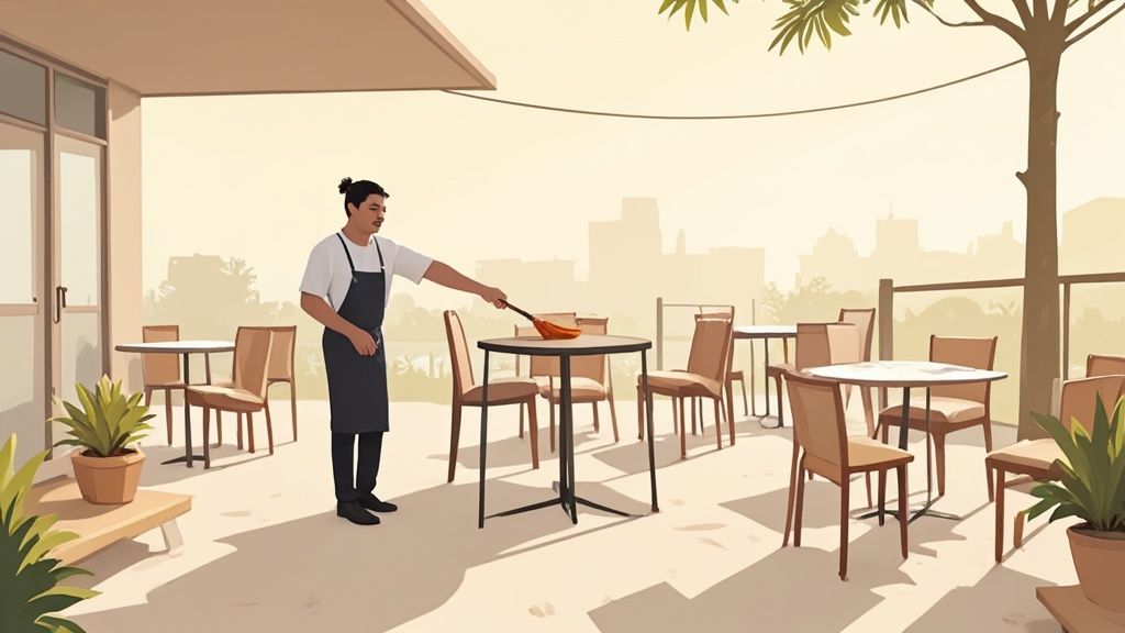 A restaurant staff member cleaning outdoor furniture after closing.