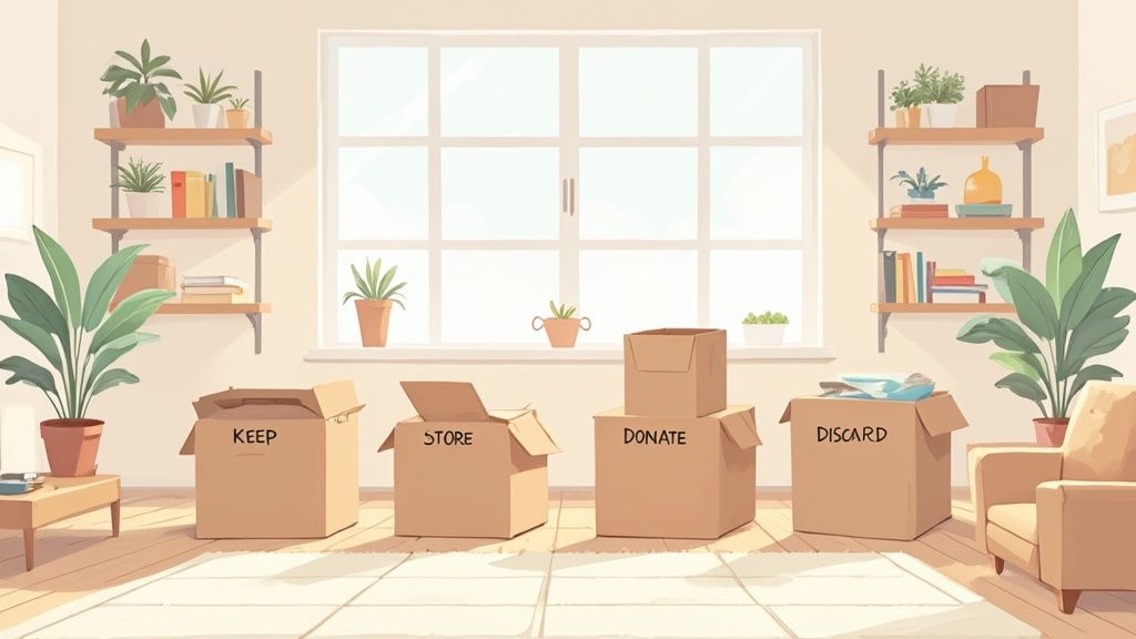 A bright, decluttered living room with neutral decor, ready for staging.