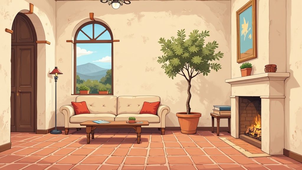 A beautifully styled Spanish-inspired living room with white walls, wooden beams, and terracotta accents.