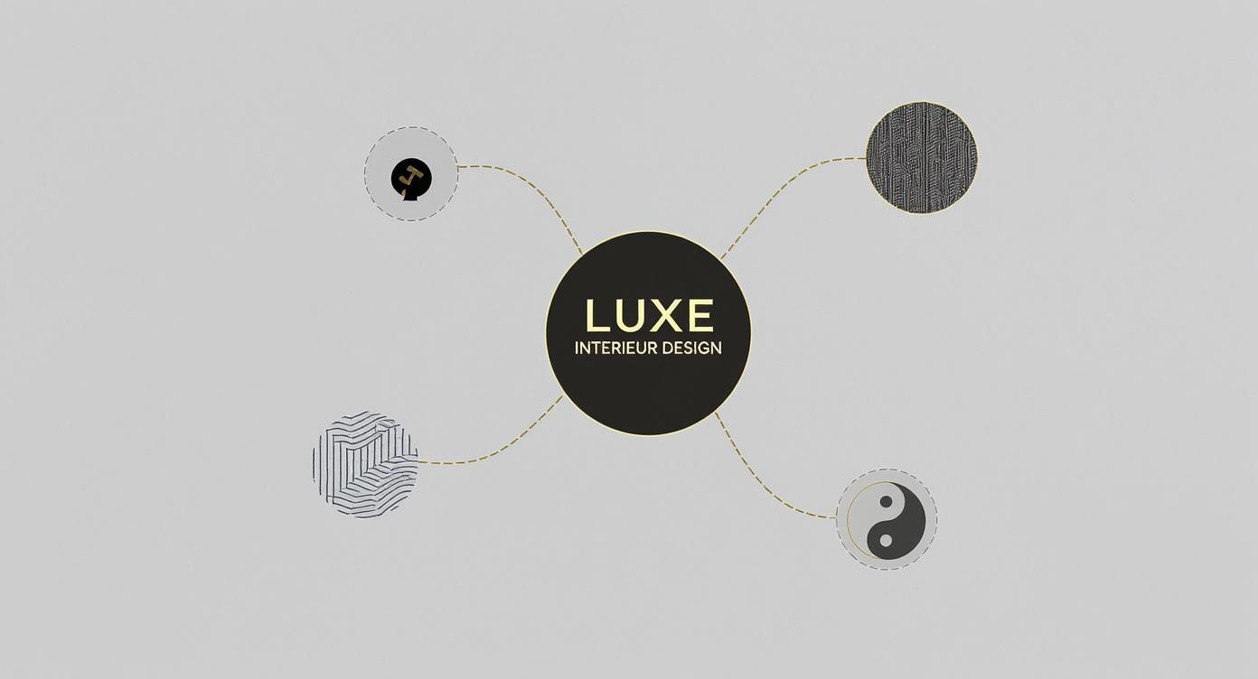 Luxe interieurdesignmerklogo met verbonden cirkelvormige pictogrammen die texturen en yin-yangsymbolen weergeven