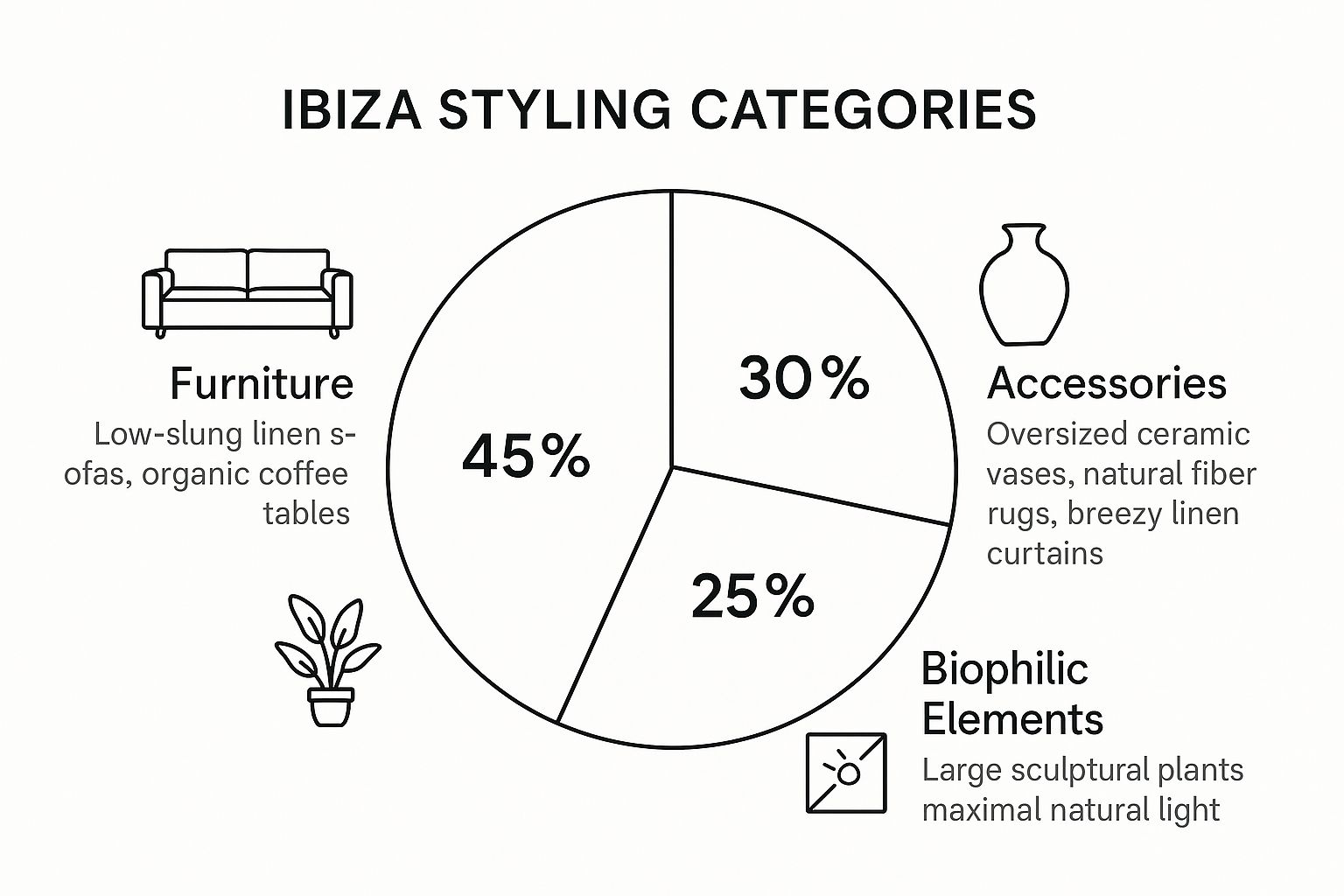 Infographic die de impact van meubels, accessoires en biofiele elementen in het interieurontwerp van Ibiza vergelijkt