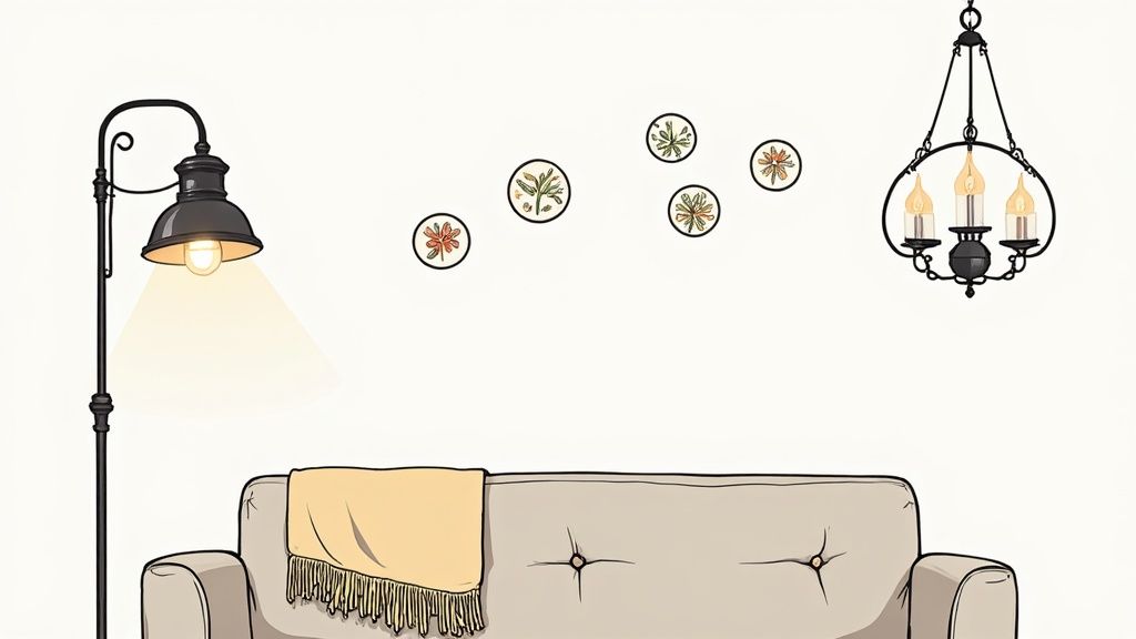 A stylish living room featuring Spanish home accessories like a wrought iron chandelier and patterned textiles.