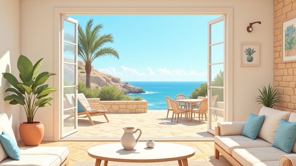 Luxe woonkamer aan de kust met openslaande deuren naar het terras met palmbomen en de Middellandse Zee