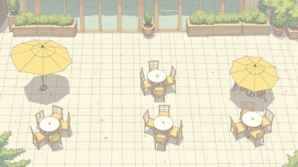 Stylish outdoor restaurant furniture arranged for optimal flow and comfort.