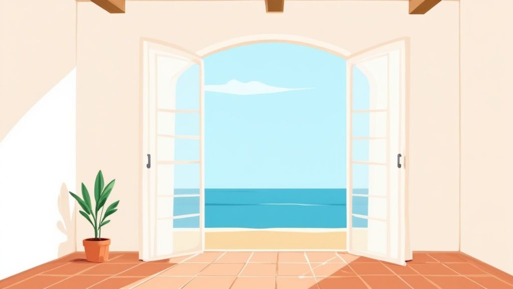 Een lichte woonkamer met witte muren, zichtbare houten balken aan het plafond en comfortabele meubels in neutrale tinten, die passen bij de mediterrane stijl.