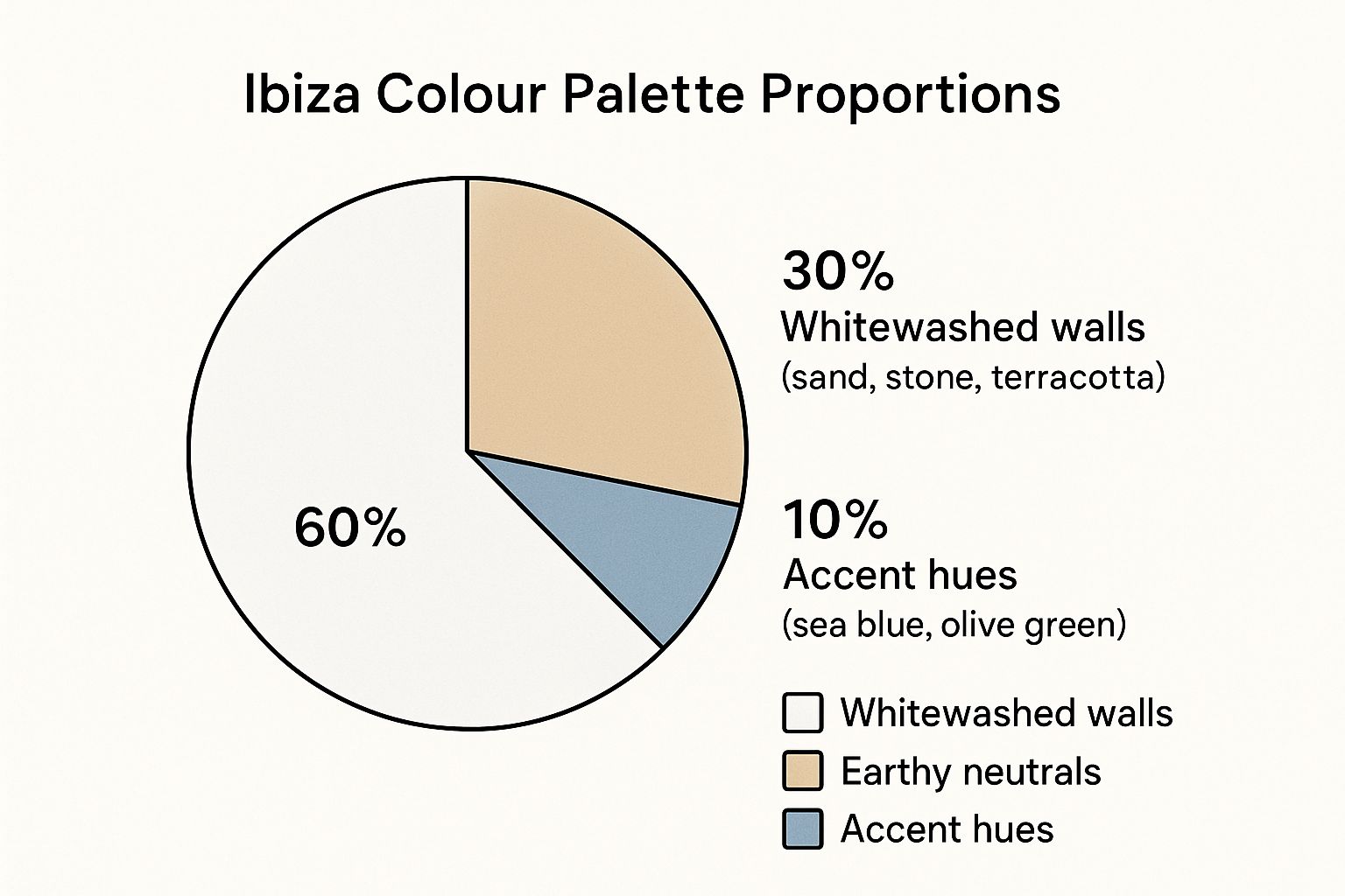 Infographic van een kleurencirkeldiagram voor Ibiza: 60% witgekalkte muren, 30% neutrale aardkleuren en 10% accentkleuren.