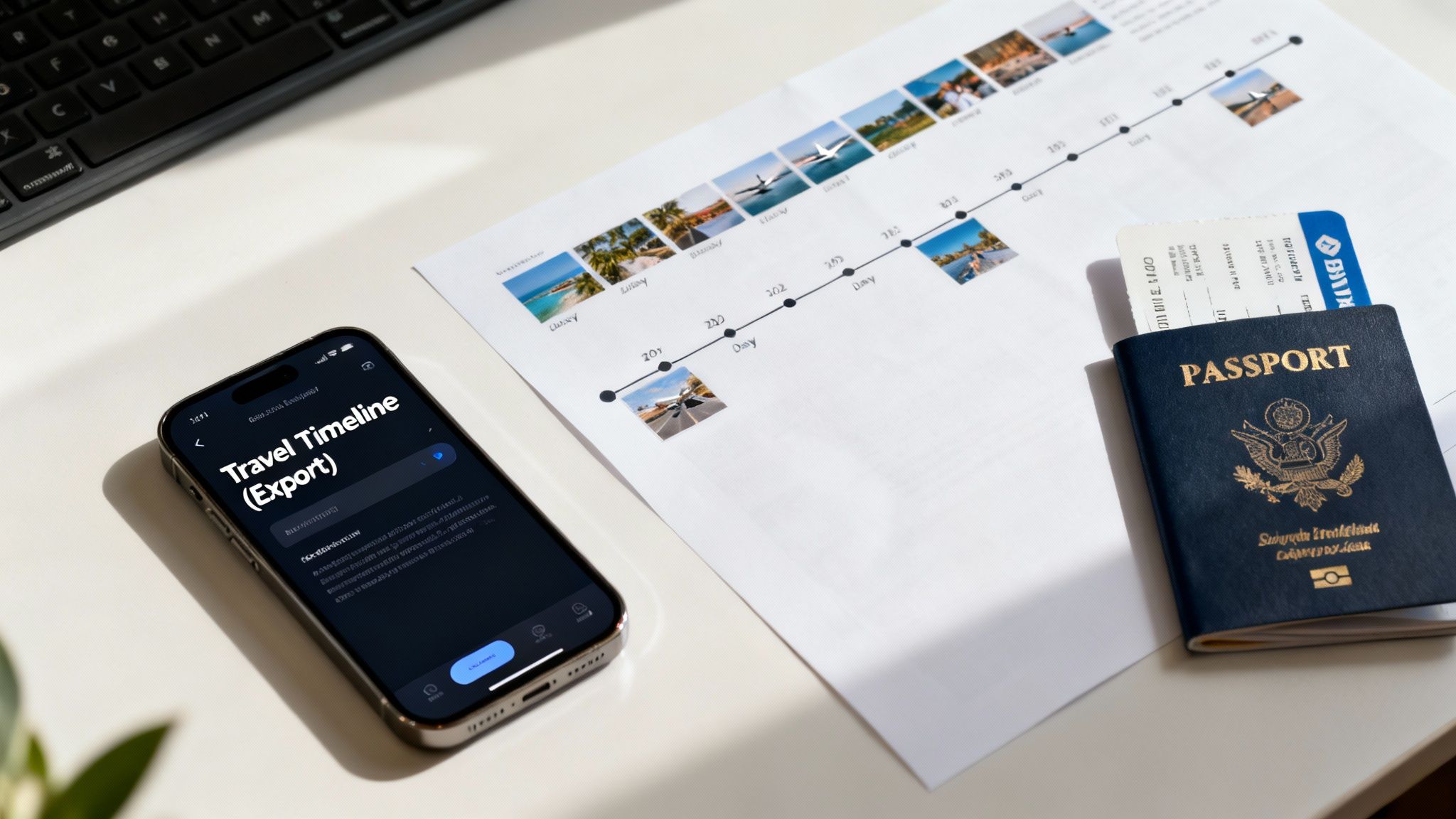 A smartphone displaying a travel app, a printed photo timeline, passport, and boarding pass on a white desk.