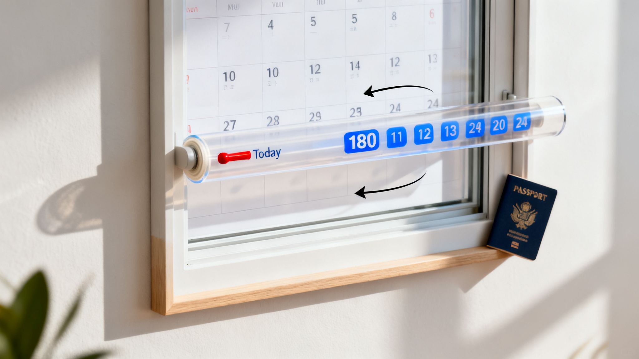 A calendar with a transparent tube showing "Today" and numbered days, alongside a US passport.