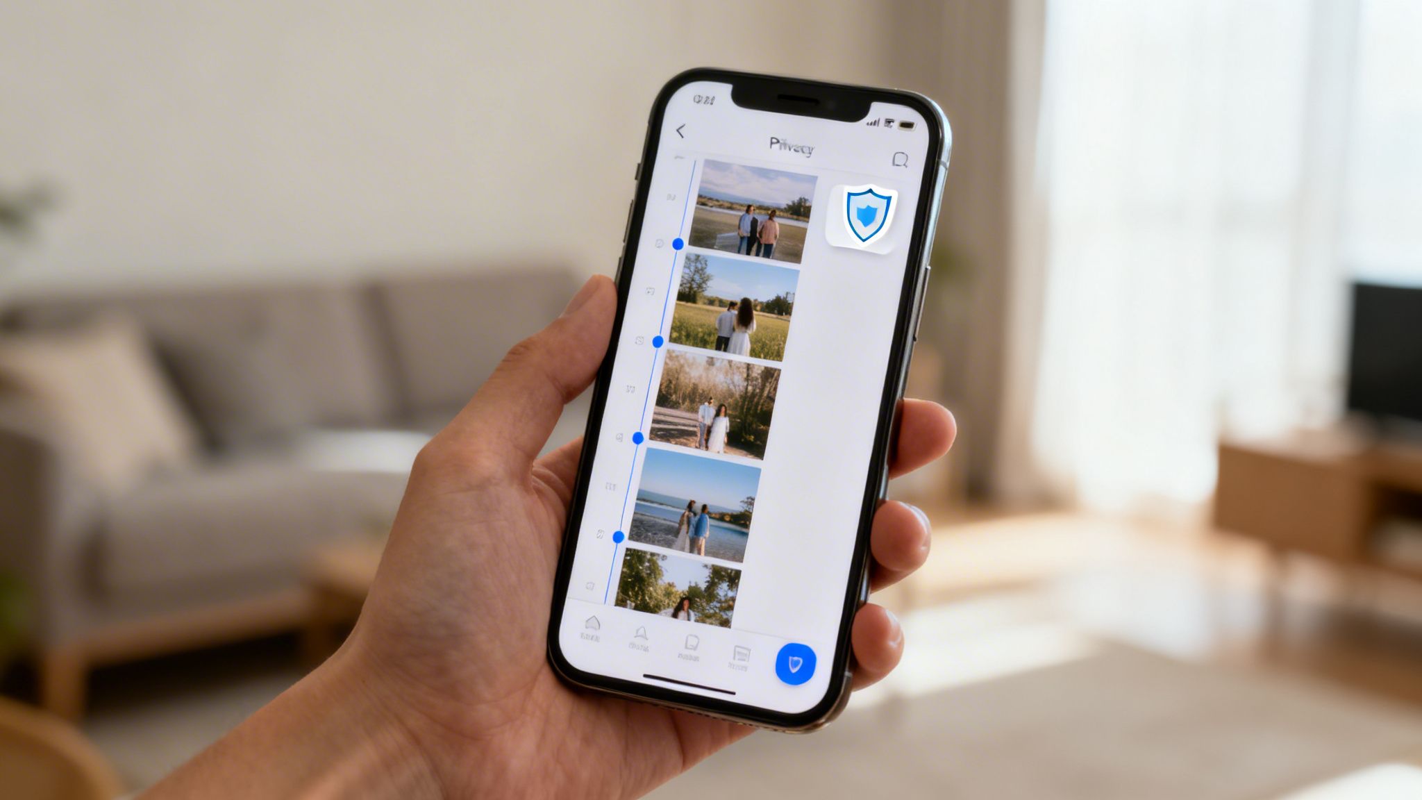 A hand holding a smartphone displaying a privacy screen with a shield icon over a photo gallery.