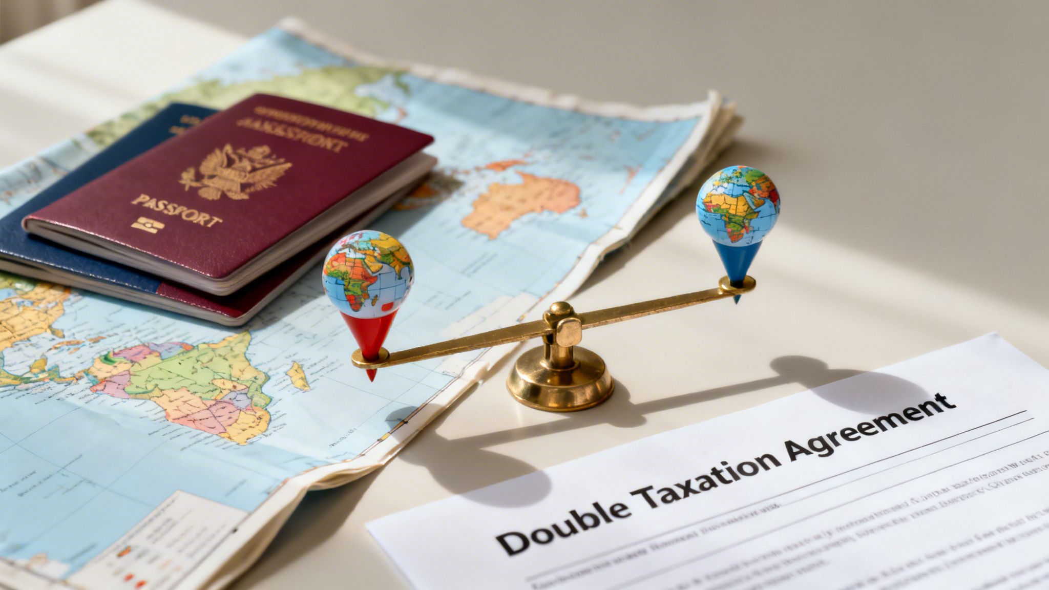 Passports, world map, and a scale with globes next to a 'Double Taxation Agreement' document.