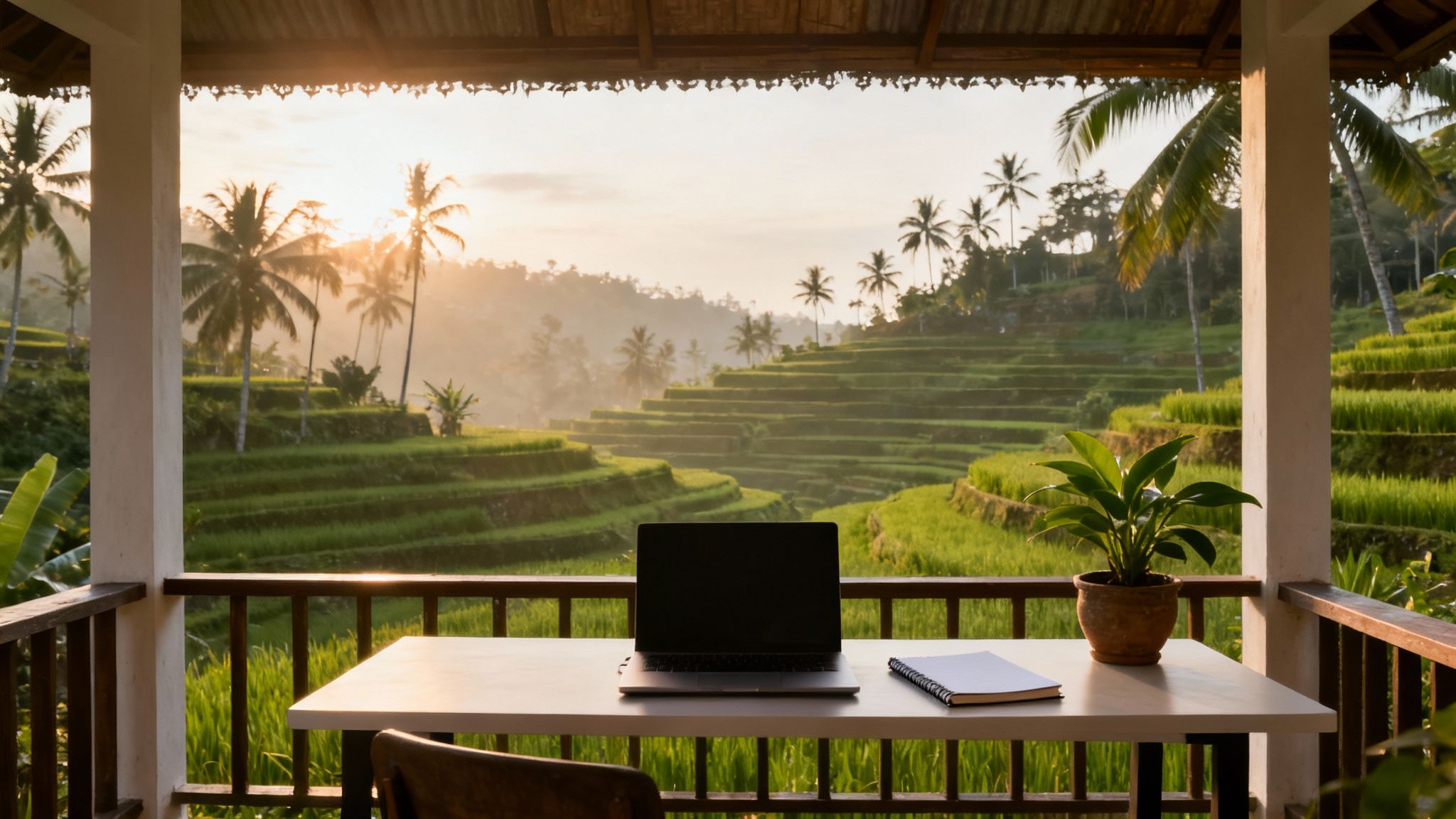 A laptop and notebook on a balcony table overlooking sunlit rice terraces and palm trees.