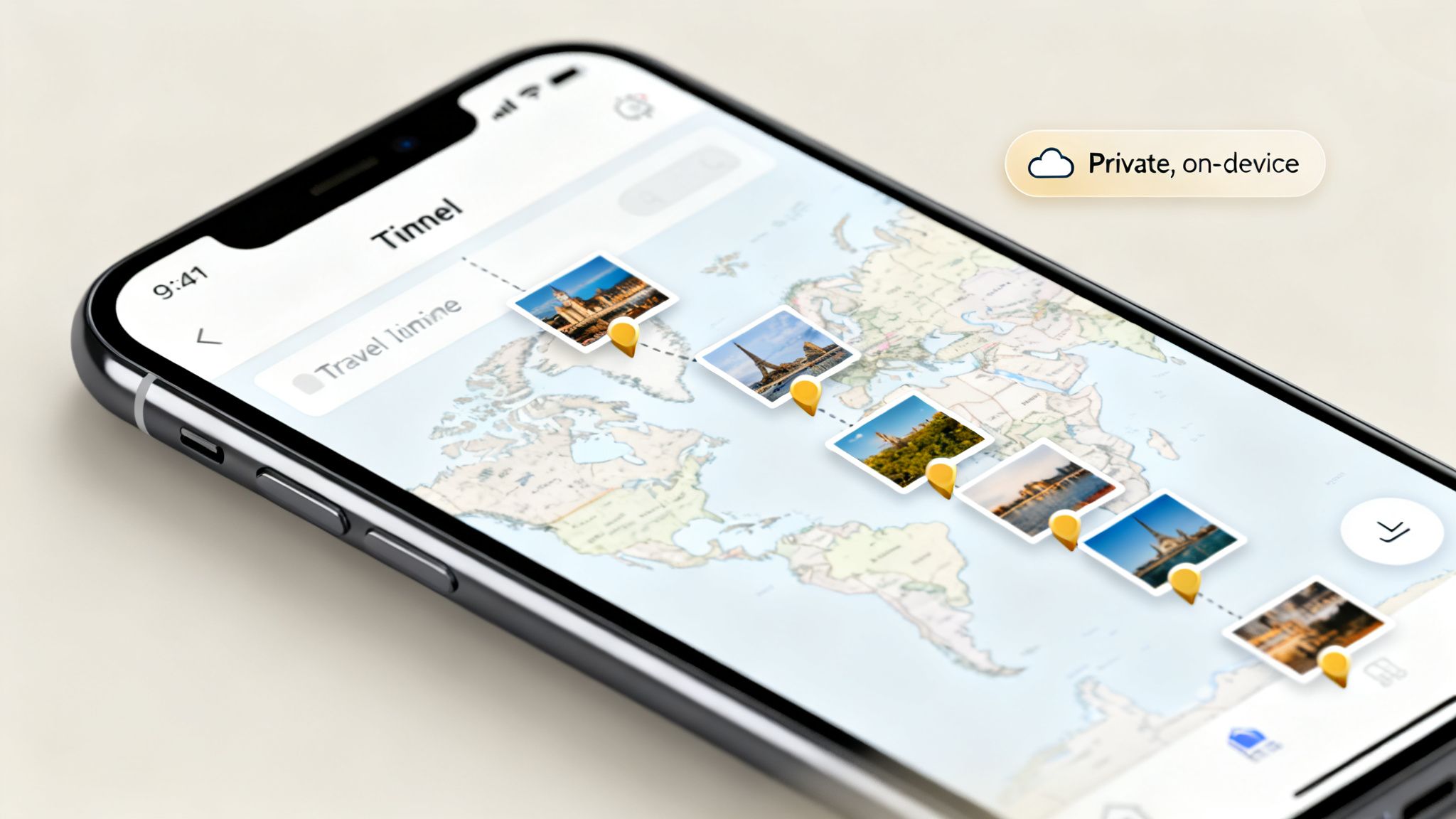 An iPhone displays a travel timeline on a world map with pinned photos, highlighting private, on-device storage.
