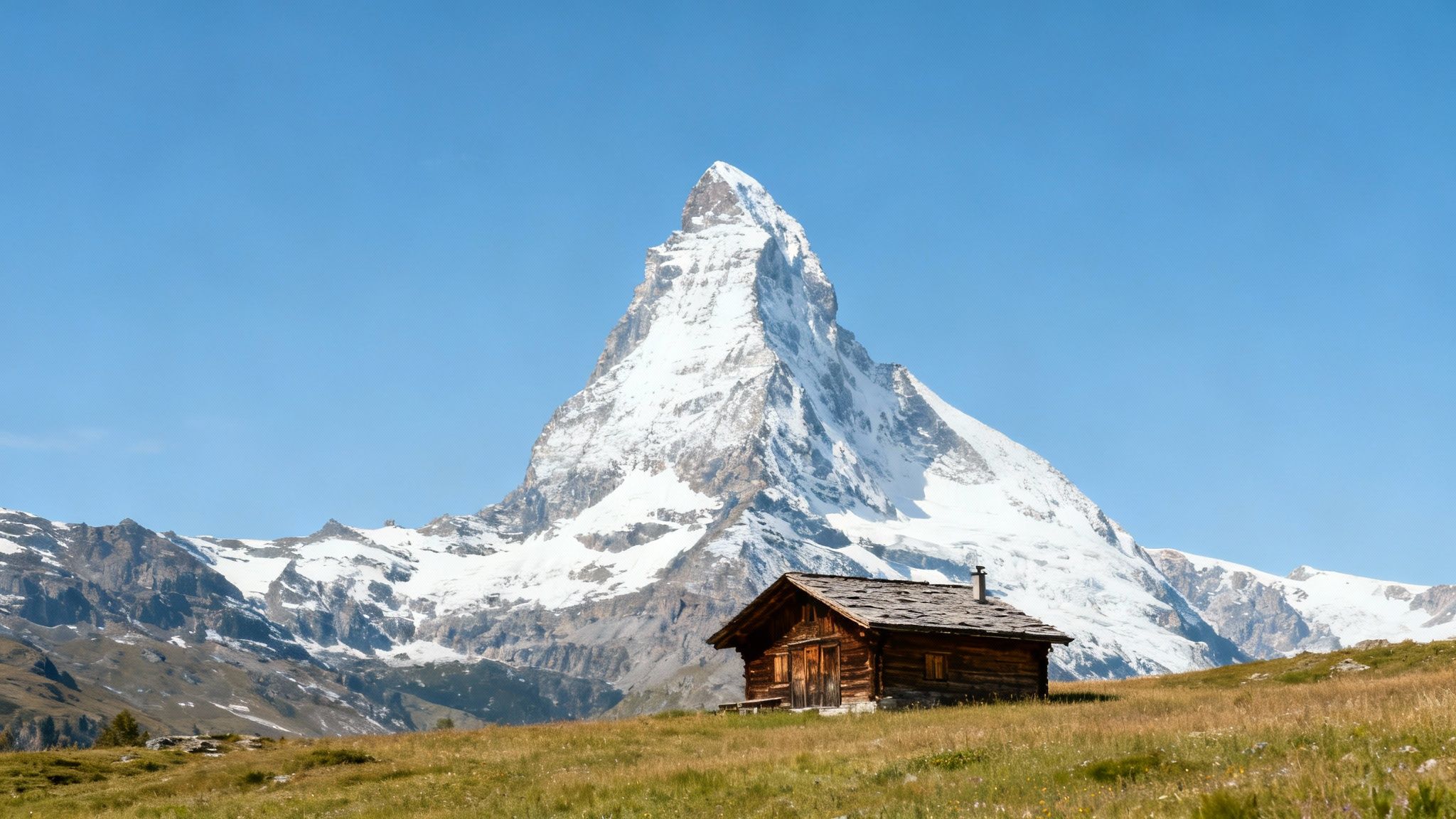 A rustic wooden cabin sits on a grassy field with the majestic, snow-capped Matterhorn mountain under a clear blue sky.