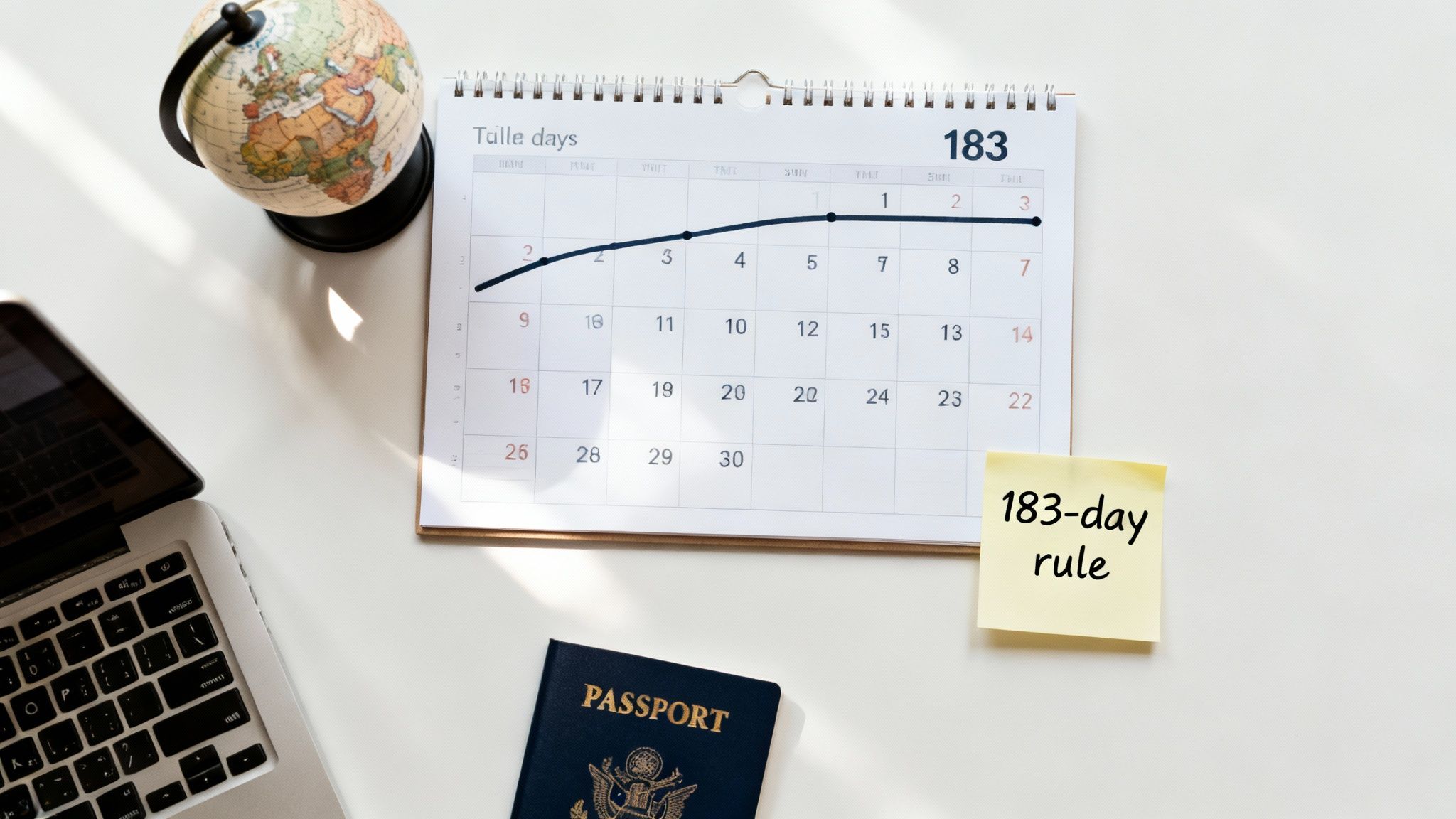 Desktop view with calendar marking 183 days, a globe, passport, and laptop, emphasizing global tax residency.