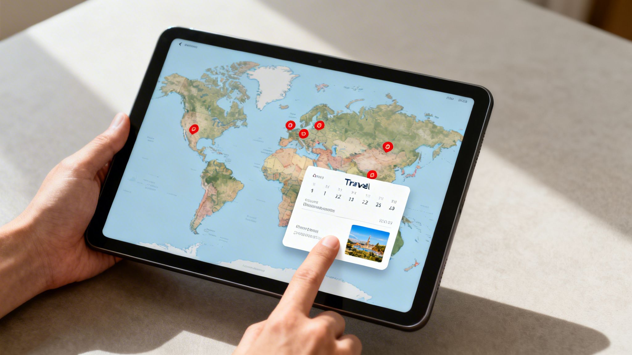 A person interacts with a travel app on a tablet, displaying a world map with destination pins.