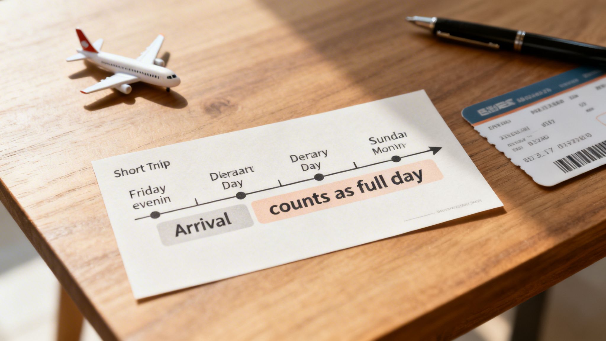 Flat lay showing a travel timeline, miniature airplane, pen, and airline ticket on a wooden desk.
