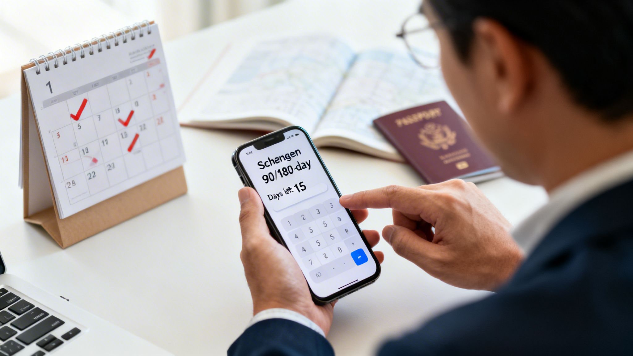 Person calculating Schengen visa days on a smartphone with a calendar and passport nearby.