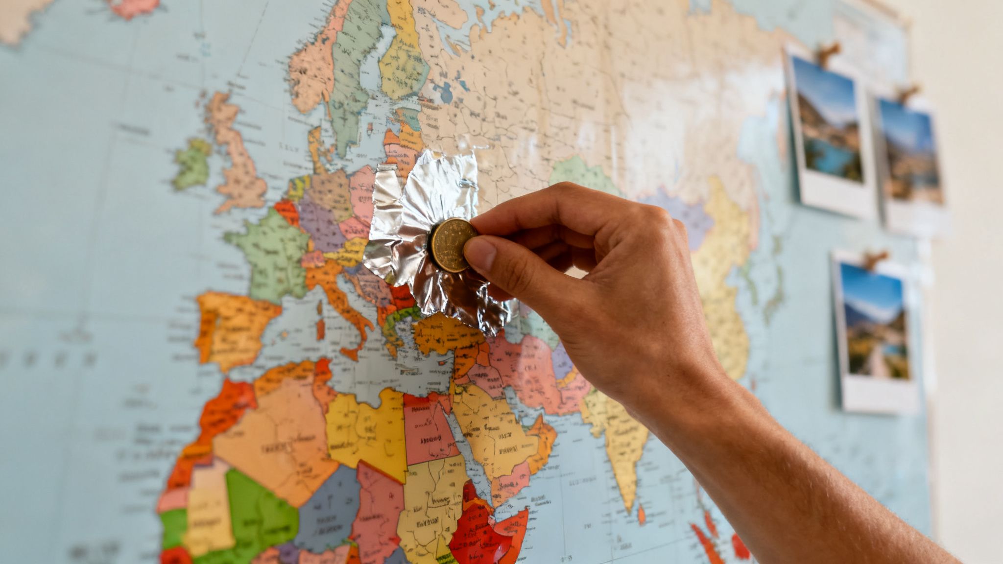 A person's hand uses a coin to scratch off a silver area on a colorful world map.