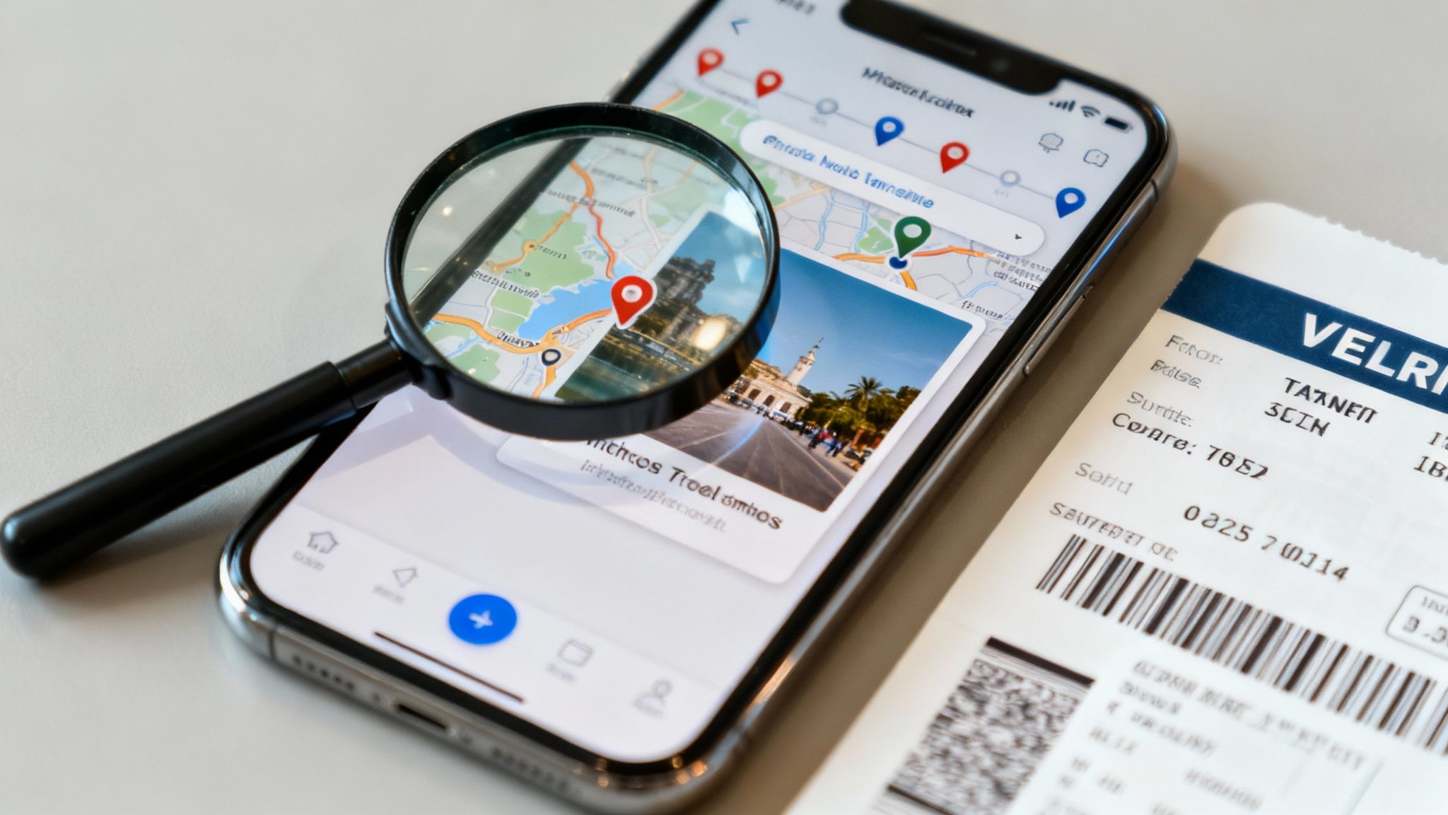A smartphone displaying a travel map application with location pins, a magnifying glass, and a paper ticket, symbolizing trip planning.